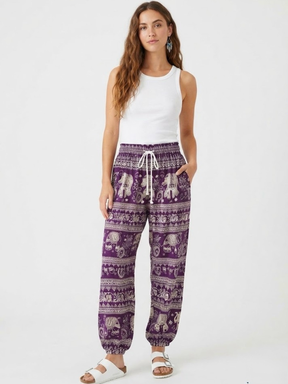 Purple Elephant Print Harem Pants 100% Rayon Comfy Boho Lounge Pants One Size